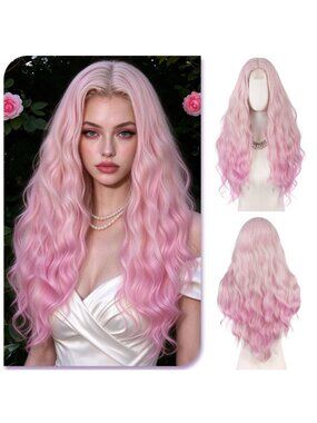 Women's Gradient Pink Long Wavy Wig for 28 Inch Middle Part Heat Resistant